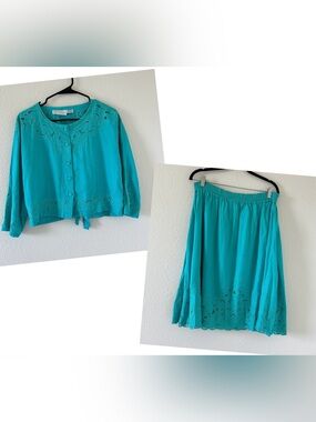 VTG Bali Emerald Embroidered Eyelet Skirt Crop Top Set Women’s OS Turquoise